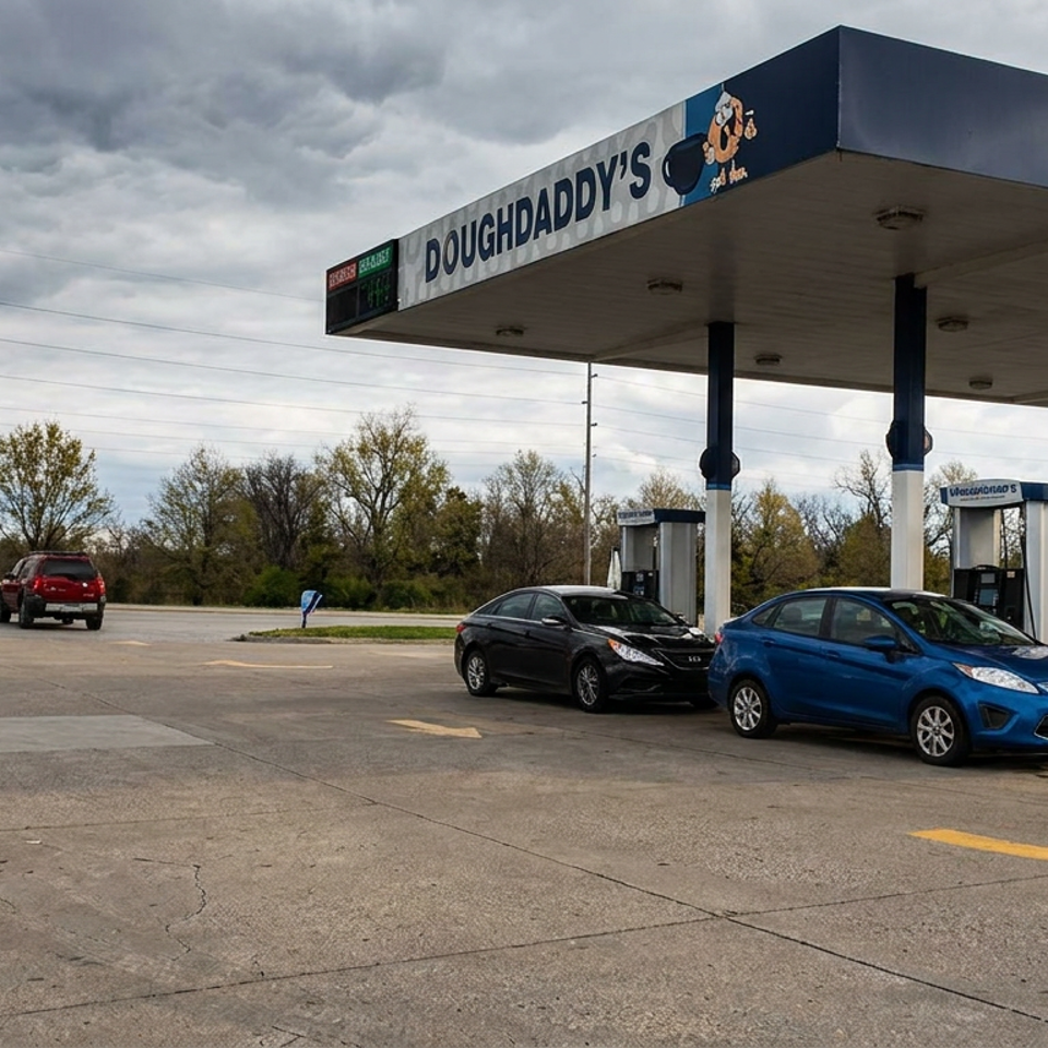 Dough Daddy’s-branded gas station with multiple fuel pumps and cars beneath a canopy on a cloudy day.