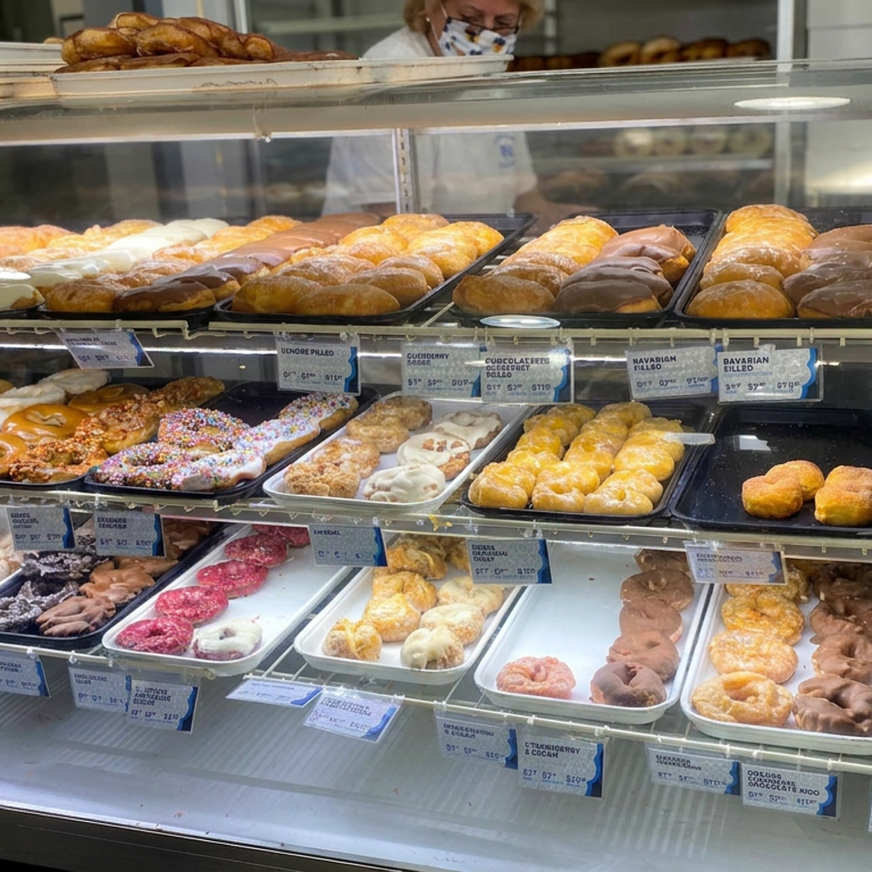 Glass bakery display case filled with assorted glazed, powdered, sprinkled, and filled donuts on trays.